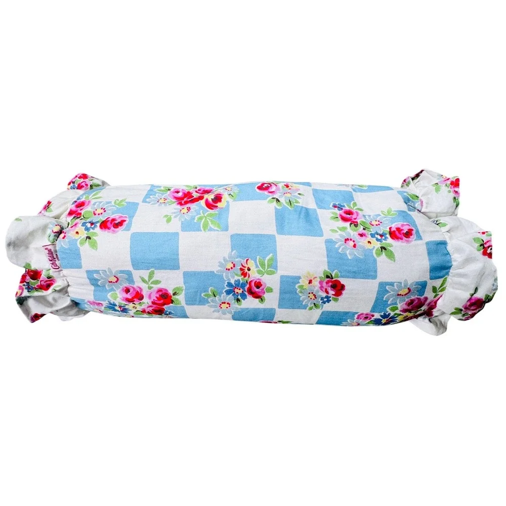 Cath Kidston London Blue Gingham Rose Floral Ruffle Bolster Pillow Cottagecore